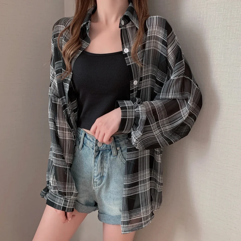 Noémie Plaid Shirt – Sheer Oversized Chiffon Blouse sbb56df98062e43f38515003f6fd9e164s.webp